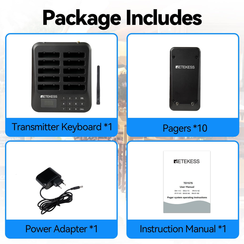 Retekess TD157 Sistema de Llamadas Restaurante, Avisadores Hosteleria, 500M, Fácil De Usar, Estabilidad de La Señal, Batería 300 mAh 20H, para Hotele, Pub, Hospitale (16 Buscapersonas)
