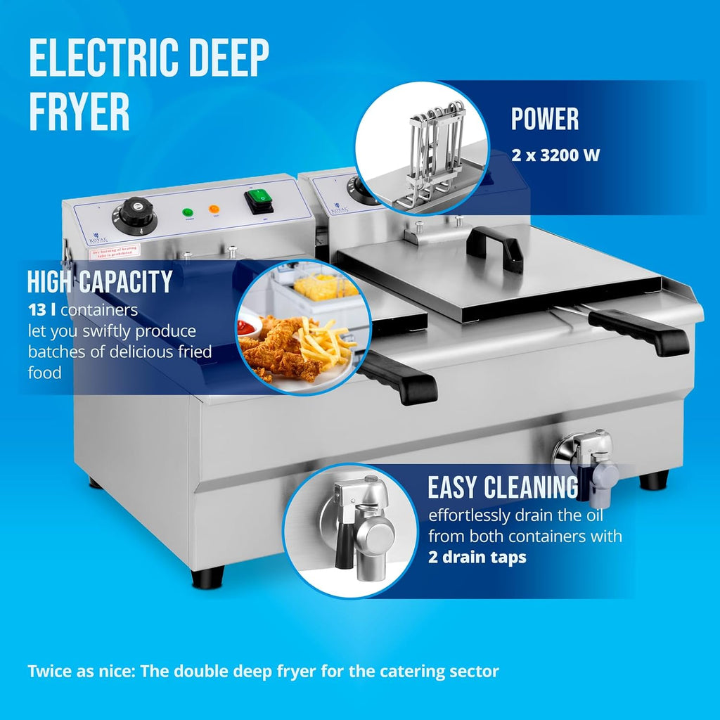 Royal Catering Freidora Eléctrica Doble Para Hostelería 2 x 13 Litros 230 V RCEF 13DB (2 x 3.200 W, Grifos De Vaciado, Temperatura: 50-200 °C)