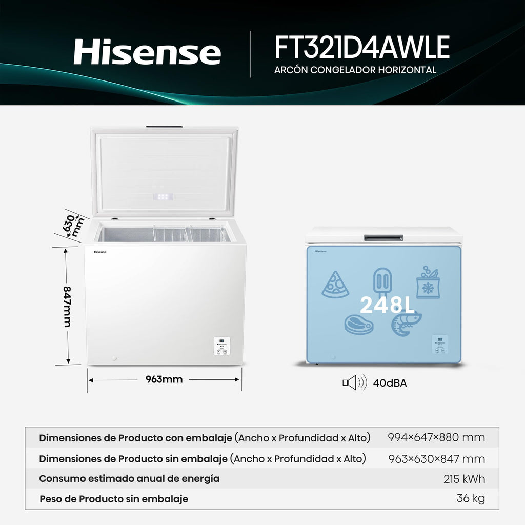 Hisense FT321D4AWLE - Arcón Congelador Horizontal, Cesta con Asa, Función Dual convertible en Modo Frigorífico, con 248 L de Capacidad Neta, Silencioso, Color Blanco