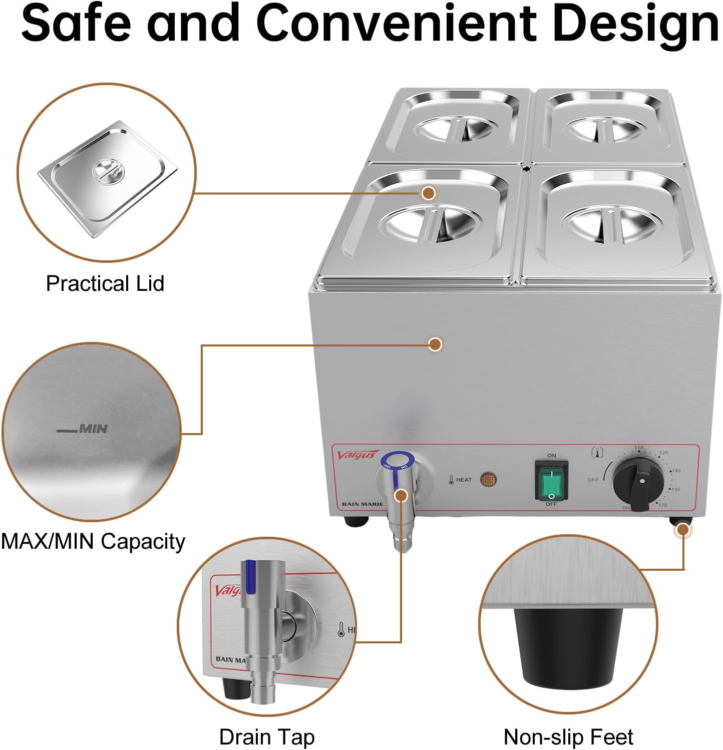 Valgus Calentador de Vapor eléctrico de sobremesa Commercial Stainless Steel 3 Sections 16L Bain Marie con Tapa y Grifo para Fiestas, Banquetes y Catering