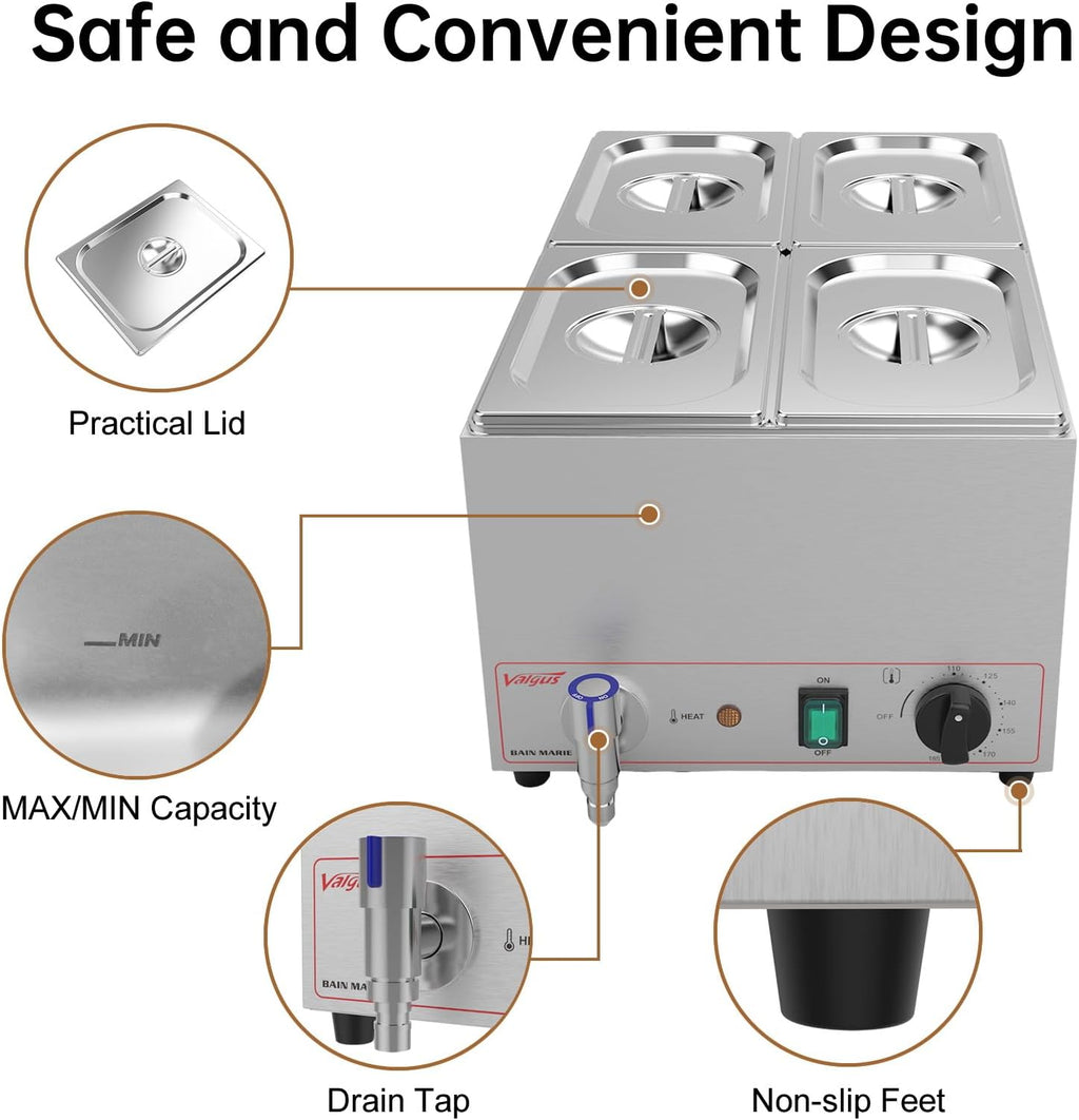 Valgus Calentador de Vapor eléctrico de sobremesa Commercial Stainless Steel 3 Sections 16L Bain Marie con Tapa y Grifo para Fiestas, Banquetes y Catering