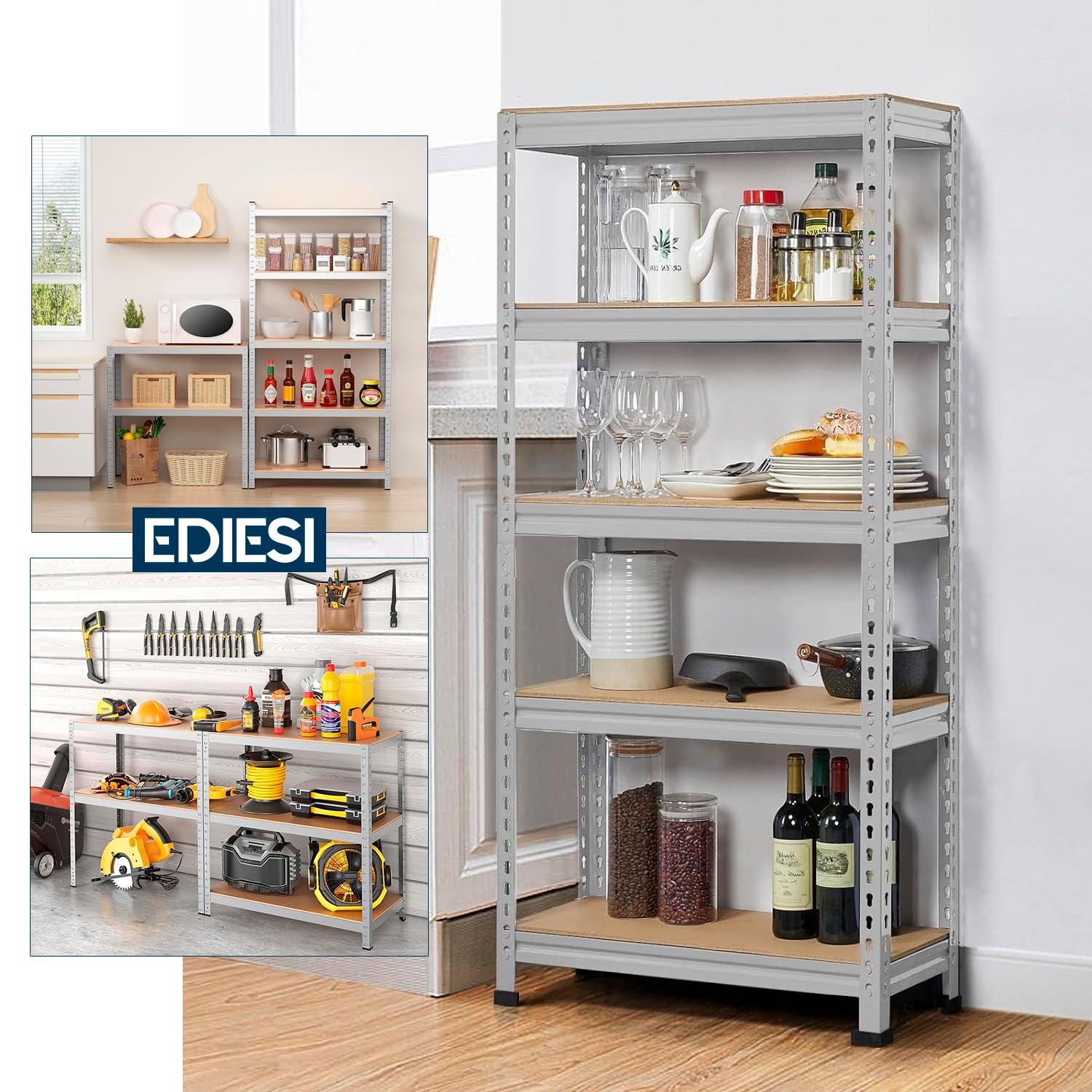 Estanterias Almacenaje, 180 x 90 x 40 cm, Metalicas, Galvanizadas, Material MDF, para Hogar, Trastero, Garaje, 5 Baldas Ajustables, Carga Máxima 875 kg (2 Unidades)