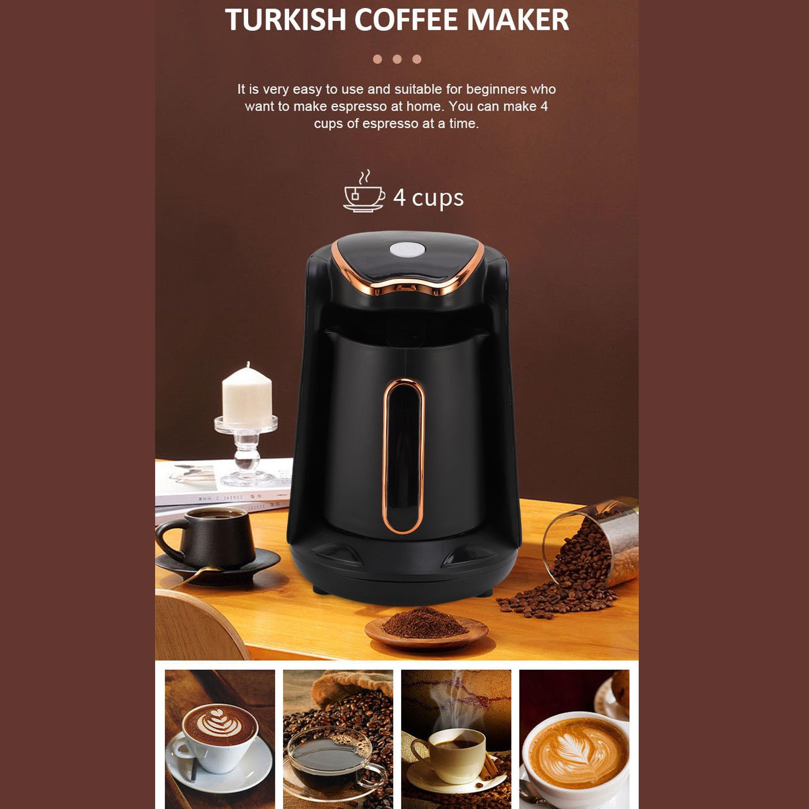 Turca, 600 W Máquina de café Turco Eléctrico con Quema Anti -seco Anti -desbordamiento, 4 Tazas de Bebidas Calientes Portátiles para (EU enchufe 220V)