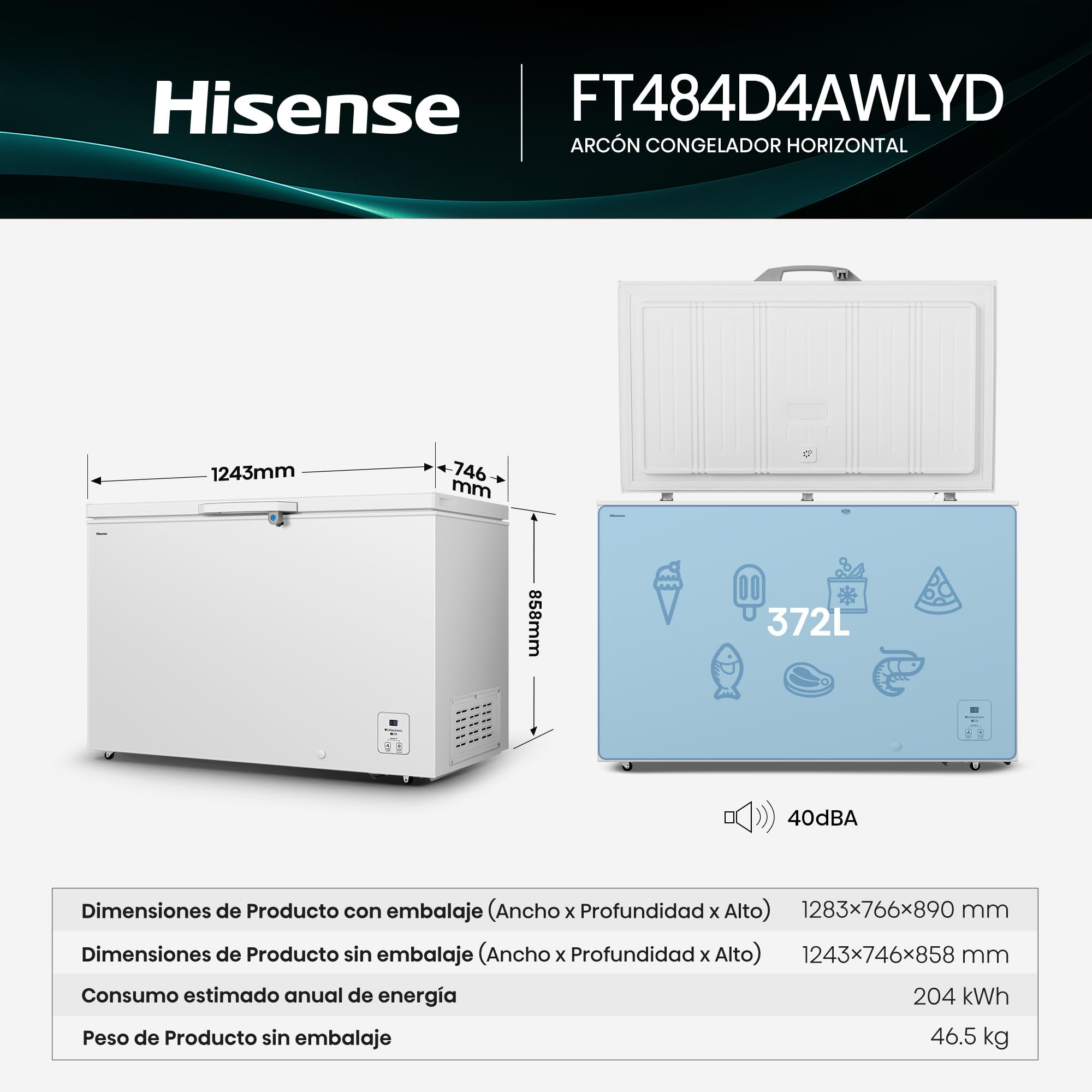 Hisense FT321D4AWLE - Arcón Congelador Horizontal, Cesta con Asa, Función Dual convertible en Modo Frigorífico, con 248 L de Capacidad Neta, Silencioso, Color Blanco