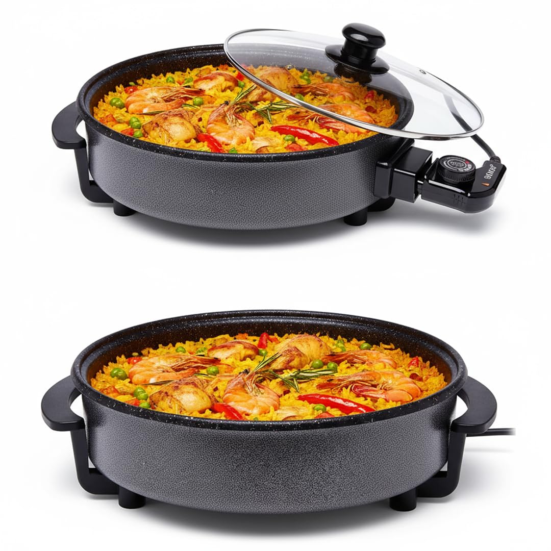 SOGO Sartén Paellera eléctrica con Tapa de Cristal Reforzado y Recubrimiento antiadherente | Ø interior 30 cm | profundidad 5 cm | termostato ajustable hasta 240º C | 1500W | SIN PFOA