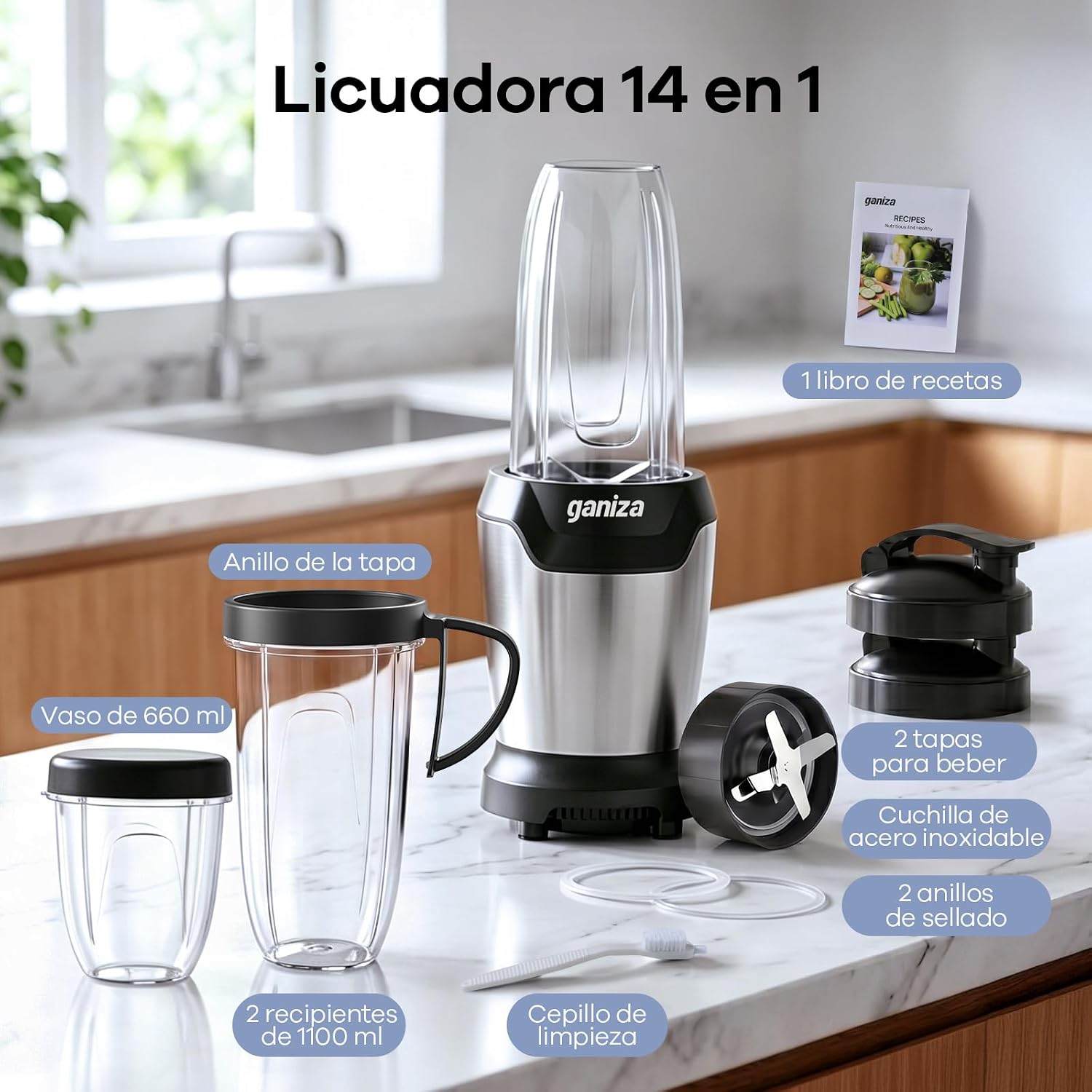 Ganiza Batidora de Vaso, 1300 W con 3 vasos mezcladores portátiles (2 de 1100 ml y 1 de 660 ml), 6 cuchillas de acero inoxidable, libre de BPA, batidora eléctrica para batidos y trituración de hielo