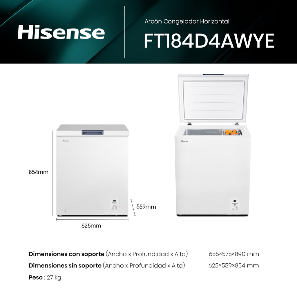 Hisense FT321D4AWLE - Arcón Congelador Horizontal, Cesta con Asa, Función Dual convertible en Modo Frigorífico, con 248 L de Capacidad Neta, Silencioso, Color Blanco