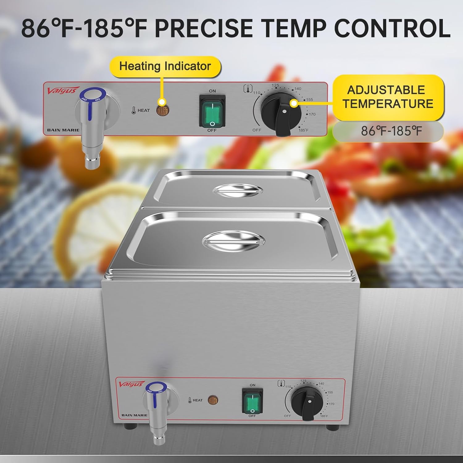 Valgus Calentador de Vapor eléctrico de sobremesa Commercial Stainless Steel 3 Sections 16L Bain Marie con Tapa y Grifo para Fiestas, Banquetes y Catering