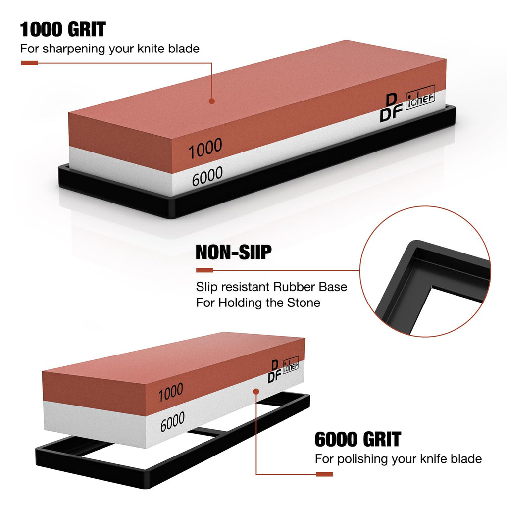 DDF IohEF Piedra de Afilar, Grano 1000/6000 Afilador de Cuchillos Profesional 2-en-1, Afilador Cuchillos de Doble Cara con Base de Silicona Antideslizante y Guía de Ángulo rojo