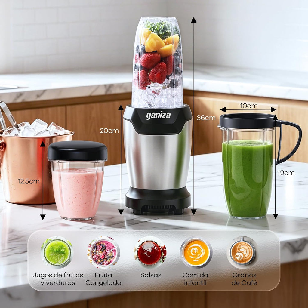 Ganiza Batidora de Vaso, 1300 W con 3 vasos mezcladores portátiles (2 de 1100 ml y 1 de 660 ml), 6 cuchillas de acero inoxidable, libre de BPA, batidora eléctrica para batidos y trituración de hielo