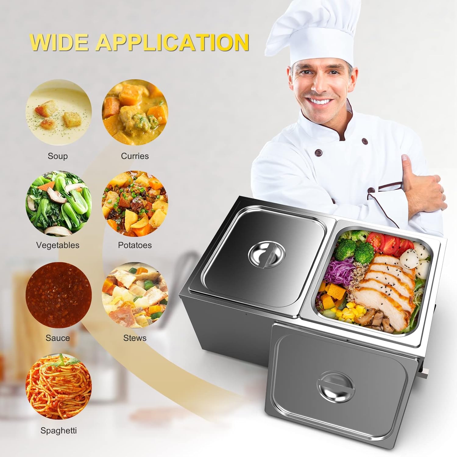 Valgus Calentador de Vapor eléctrico de sobremesa Commercial Stainless Steel 3 Sections 16L Bain Marie con Tapa y Grifo para Fiestas, Banquetes y Catering