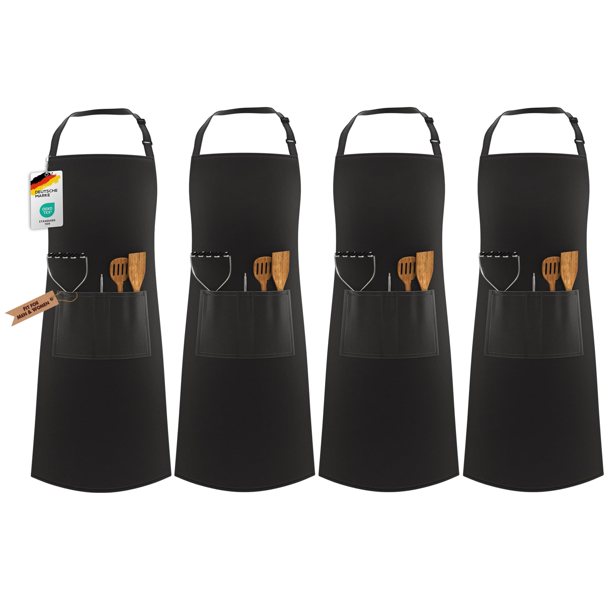 LEFUNDA® Delantal de Cocina Impermeable con 3 Bolsillos Ajustable, Delantal de Barbacoa con Correas Largas, Delantal de Cocina para Hombres y Mujeres, Cocinar, Restaurante, Café, Hornear (Negro)
