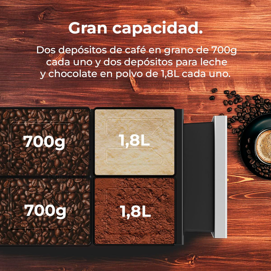 Cecotec Cafetera Superautomática Comercial Cremmaet Lounge. 2900W, Pantalla Táctil, Molido Uniforme, 2 Molinillos, 35 Bebidas, 2 Depósitos de Café en Grano 700gr y 2 Depósito para Leche en Polvo