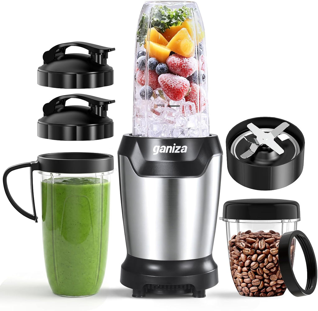 Ganiza Batidora de Vaso, 1300 W con 3 vasos mezcladores portátiles (2 de 1100 ml y 1 de 660 ml), 6 cuchillas de acero inoxidable, libre de BPA, batidora eléctrica para batidos y trituración de hielo