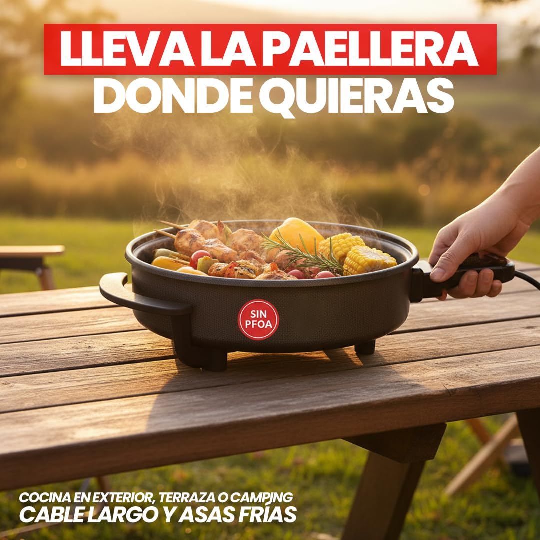 SOGO Sartén Paellera eléctrica con Tapa de Cristal Reforzado y Recubrimiento antiadherente | Ø interior 30 cm | profundidad 5 cm | termostato ajustable hasta 240º C | 1500W | SIN PFOA