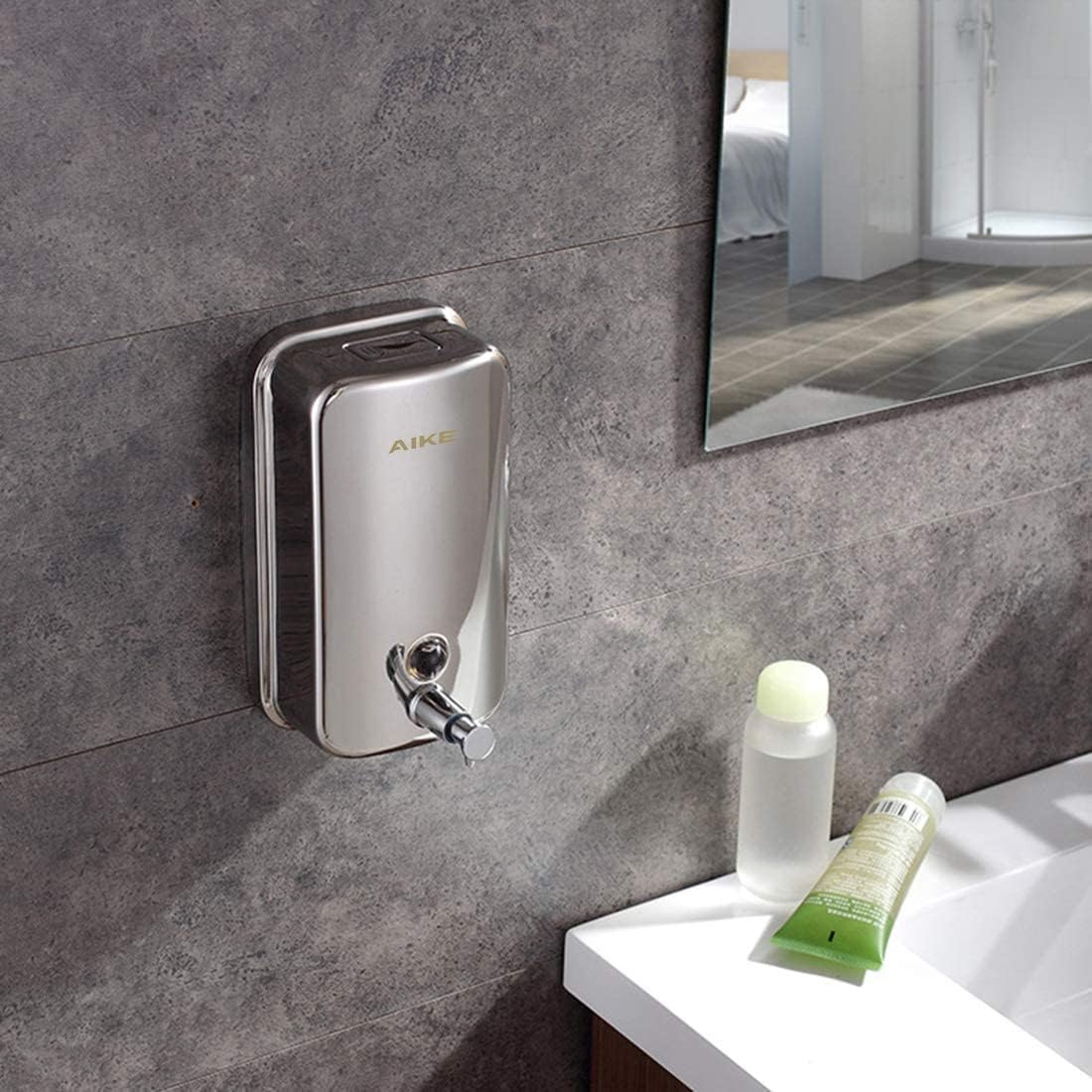 AIKE AK1001 Dispensador de Jabon de Manos, Comercial Dispensador de Jabón Pared de Acero Inoxidable Recargable (Pulido 500ML)