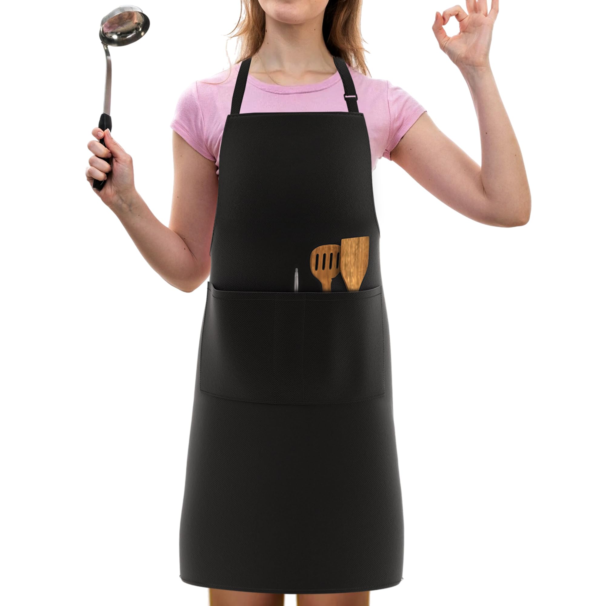 LEFUNDA® Delantal de Cocina Impermeable con 3 Bolsillos Ajustable, Delantal de Barbacoa con Correas Largas, Delantal de Cocina para Hombres y Mujeres, Cocinar, Restaurante, Café, Hornear (Negro)