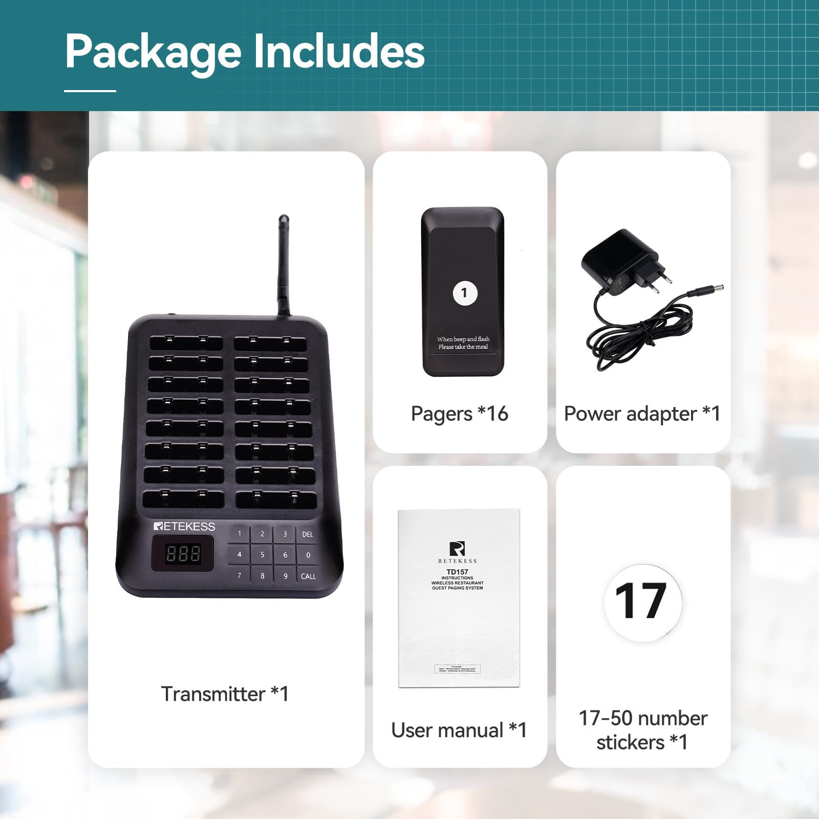 Retekess TD157 Sistema de Llamadas Restaurante, Avisadores Hosteleria, 500M, Fácil De Usar, Estabilidad de La Señal, Batería 300 mAh 20H, para Hotele, Pub, Hospitale (16 Buscapersonas)