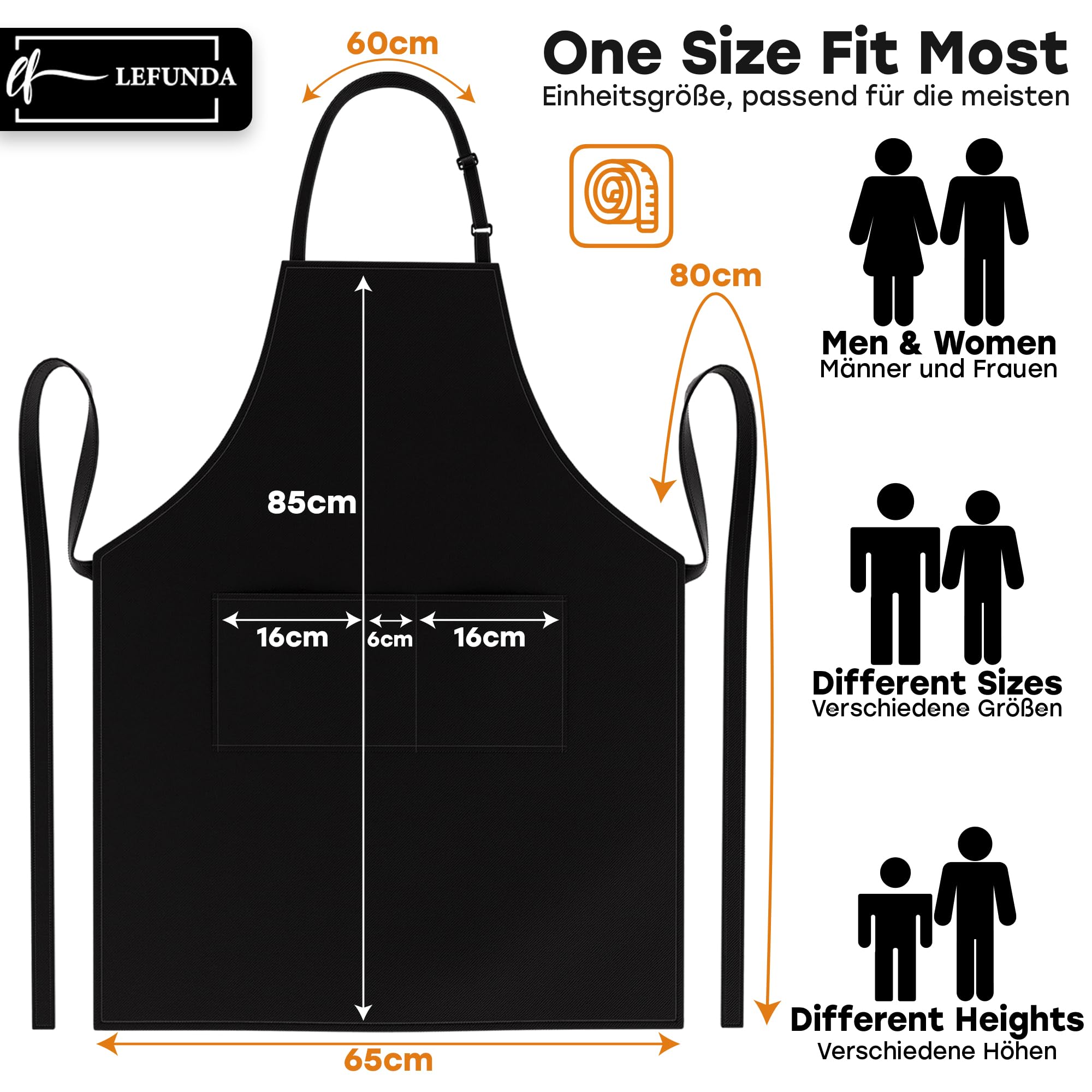 LEFUNDA® Delantal de Cocina Impermeable con 3 Bolsillos Ajustable, Delantal de Barbacoa con Correas Largas, Delantal de Cocina para Hombres y Mujeres, Cocinar, Restaurante, Café, Hornear (Negro)