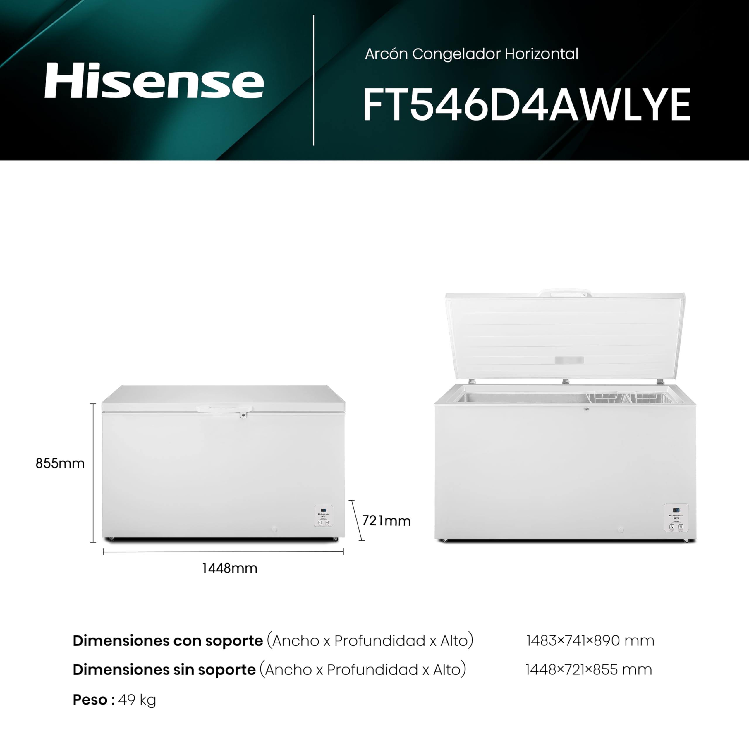 Hisense FT321D4AWLE - Arcón Congelador Horizontal, Cesta con Asa, Función Dual convertible en Modo Frigorífico, con 248 L de Capacidad Neta, Silencioso, Color Blanco