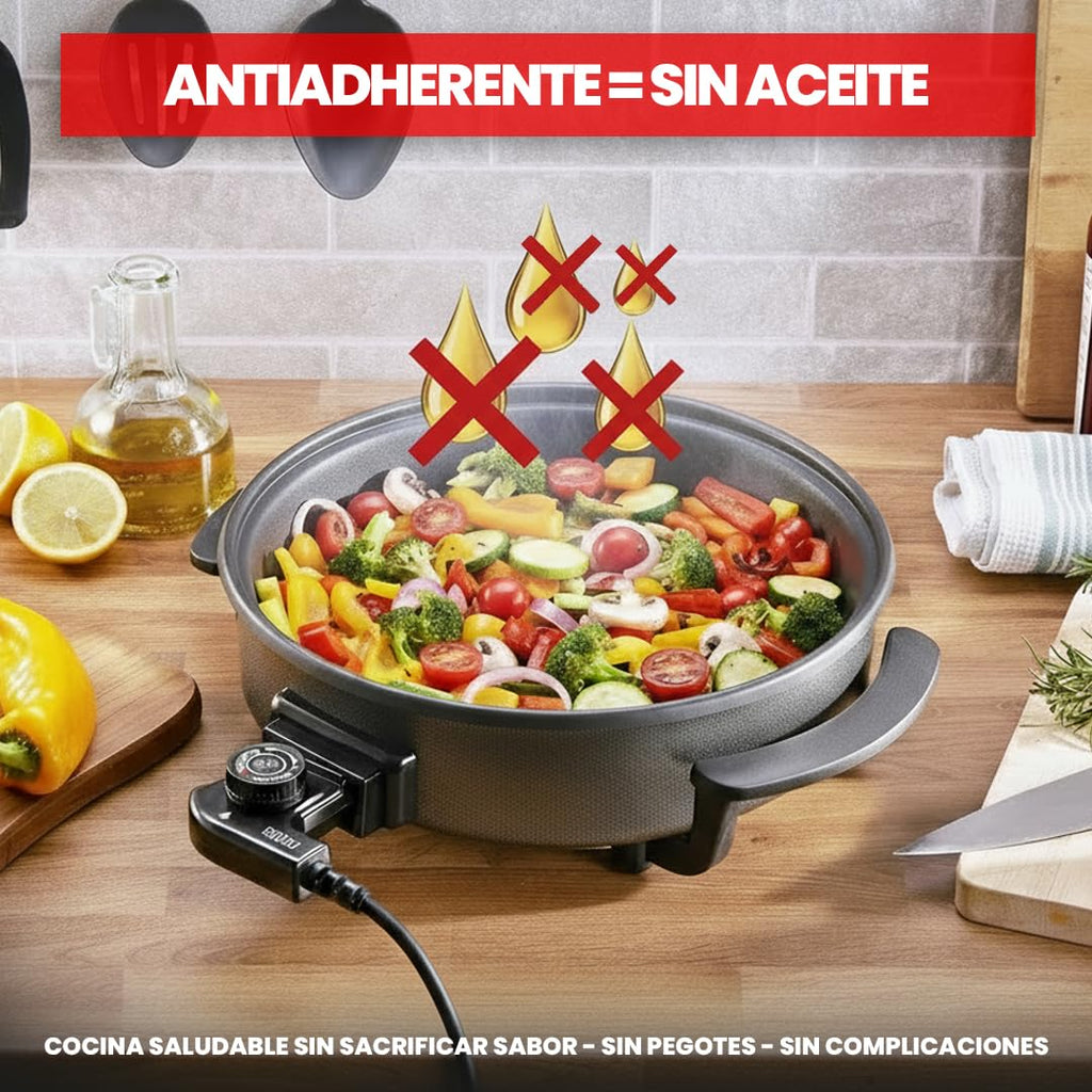 SOGO Sartén Paellera eléctrica con Tapa de Cristal Reforzado y Recubrimiento antiadherente | Ø interior 30 cm | profundidad 5 cm | termostato ajustable hasta 240º C | 1500W | SIN PFOA