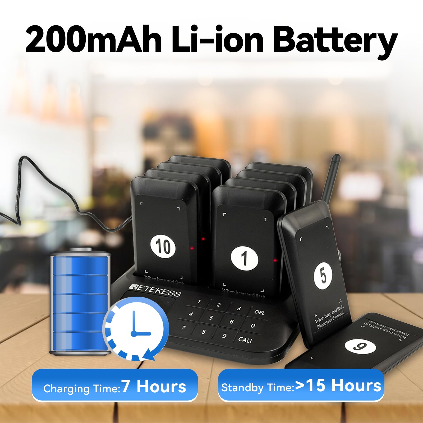 Retekess TD157 Sistema de Llamadas Restaurante, Avisadores Hosteleria, 500M, Fácil De Usar, Estabilidad de La Señal, Batería 300 mAh 20H, para Hotele, Pub, Hospitale (16 Buscapersonas)