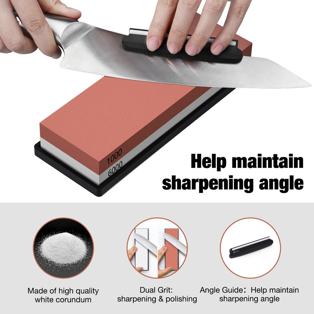 DDF IohEF Piedra de Afilar, Grano 1000/6000 Afilador de Cuchillos Profesional 2-en-1, Afilador Cuchillos de Doble Cara con Base de Silicona Antideslizante y Guía de Ángulo rojo