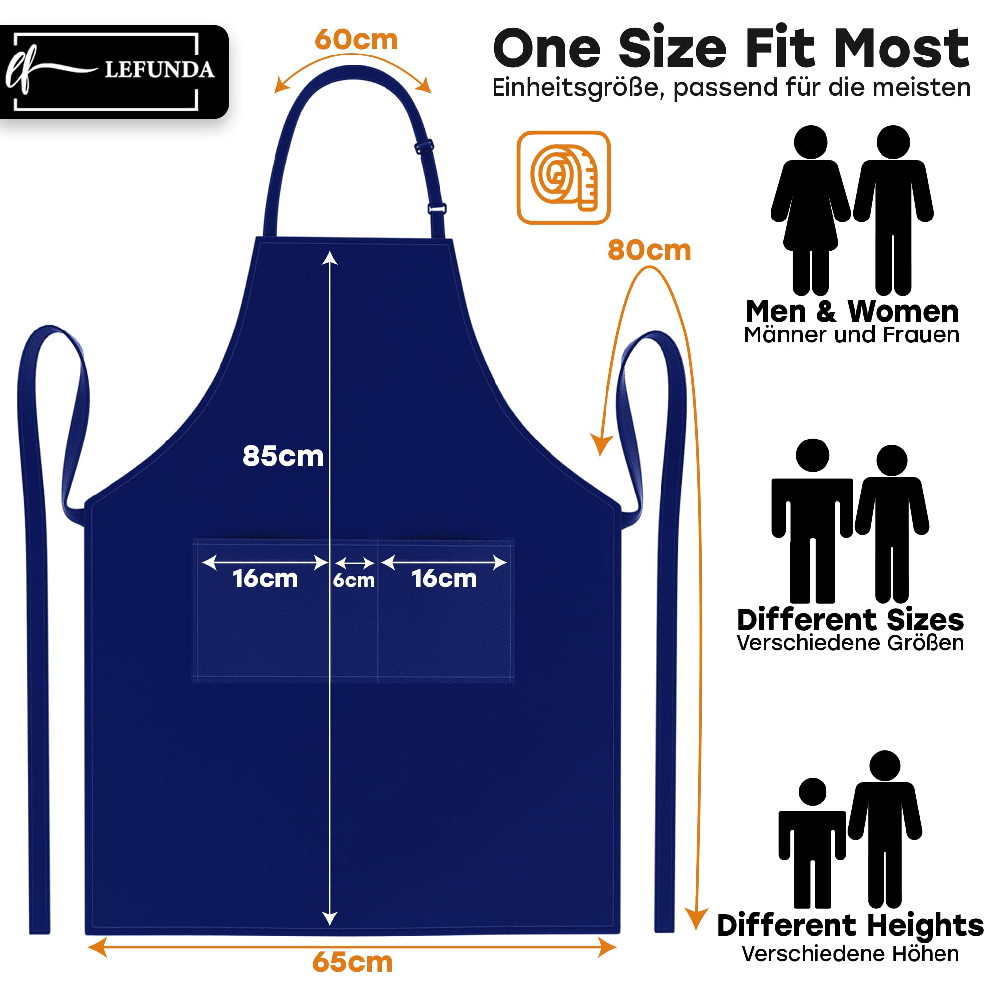 LEFUNDA® Delantal de Cocina Impermeable con 3 Bolsillos Ajustable, Delantal de Barbacoa con Correas Largas, Delantal de Cocina para Hombres y Mujeres, Cocinar, Restaurante, Café, Hornear (Negro)