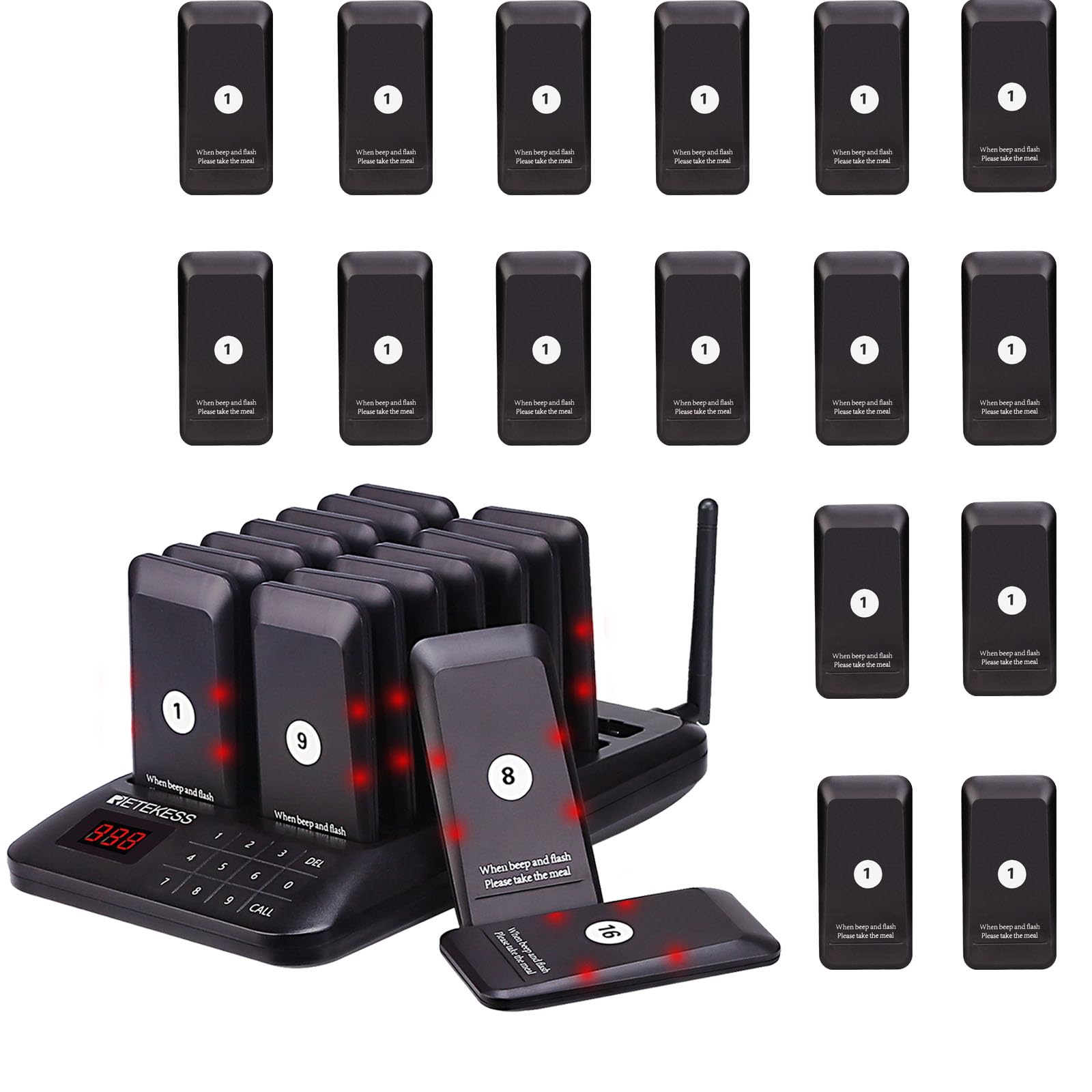 Retekess TD157 Sistema de Llamadas Restaurante, Avisadores Hosteleria, 500M, Fácil De Usar, Estabilidad de La Señal, Batería 300 mAh 20H, para Hotele, Pub, Hospitale (16 Buscapersonas)