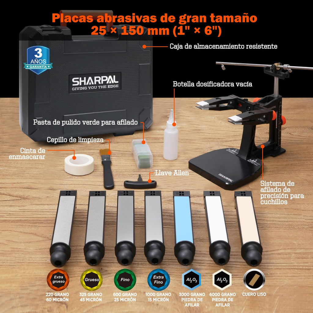 SHARPAL 202H Sistema de afilado de precisión, ángulo ajustable 10-35° | Kit de afilado, 7 placas abrasivas: diamante 220/325/600/1000, piedra 3000/6000, asentador de cuero, estuche para regalo