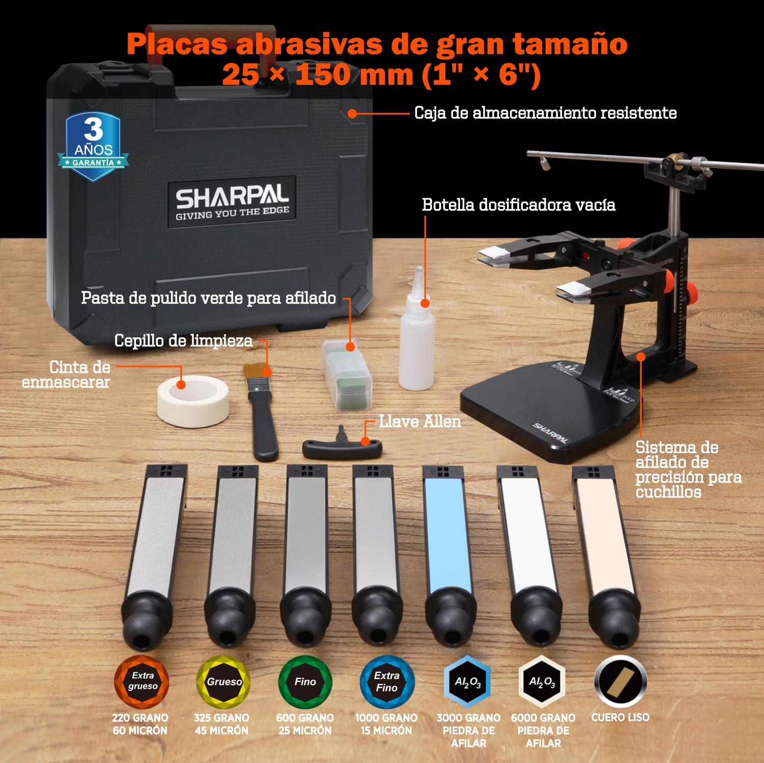 SHARPAL 202H Sistema de afilado de precisión, ángulo ajustable 10-35° | Kit de afilado, 7 placas abrasivas: diamante 220/325/600/1000, piedra 3000/6000, asentador de cuero, estuche para regalo