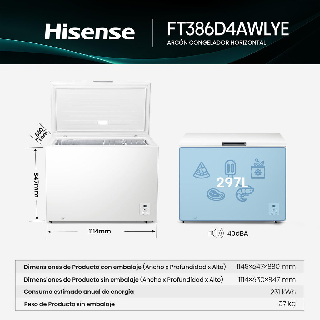 Hisense FT321D4AWLE - Arcón Congelador Horizontal, Cesta con Asa, Función Dual convertible en Modo Frigorífico, con 248 L de Capacidad Neta, Silencioso, Color Blanco