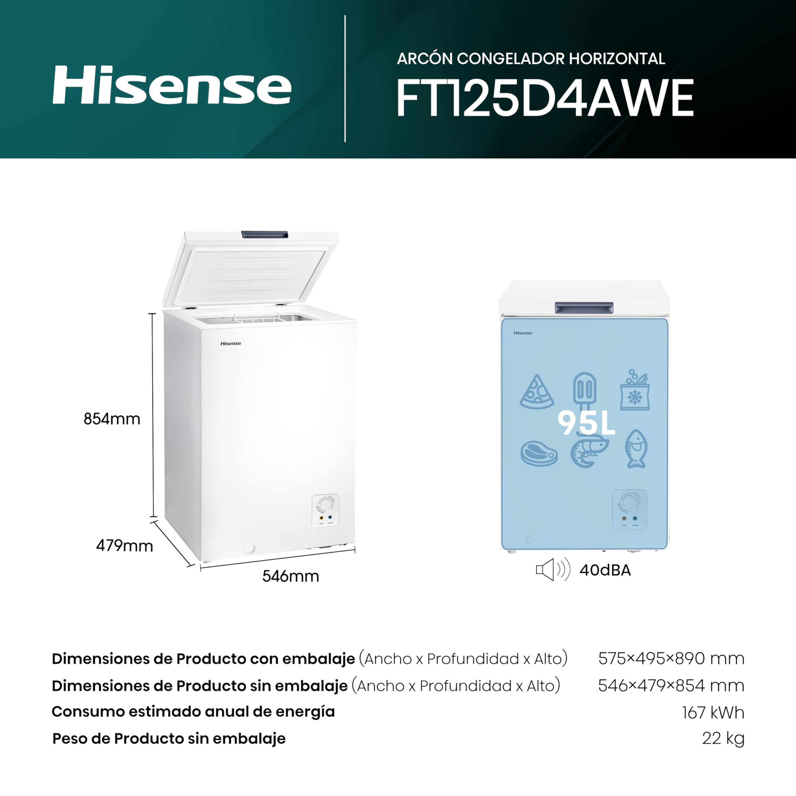 Hisense FT321D4AWLE - Arcón Congelador Horizontal, Cesta con Asa, Función Dual convertible en Modo Frigorífico, con 248 L de Capacidad Neta, Silencioso, Color Blanco