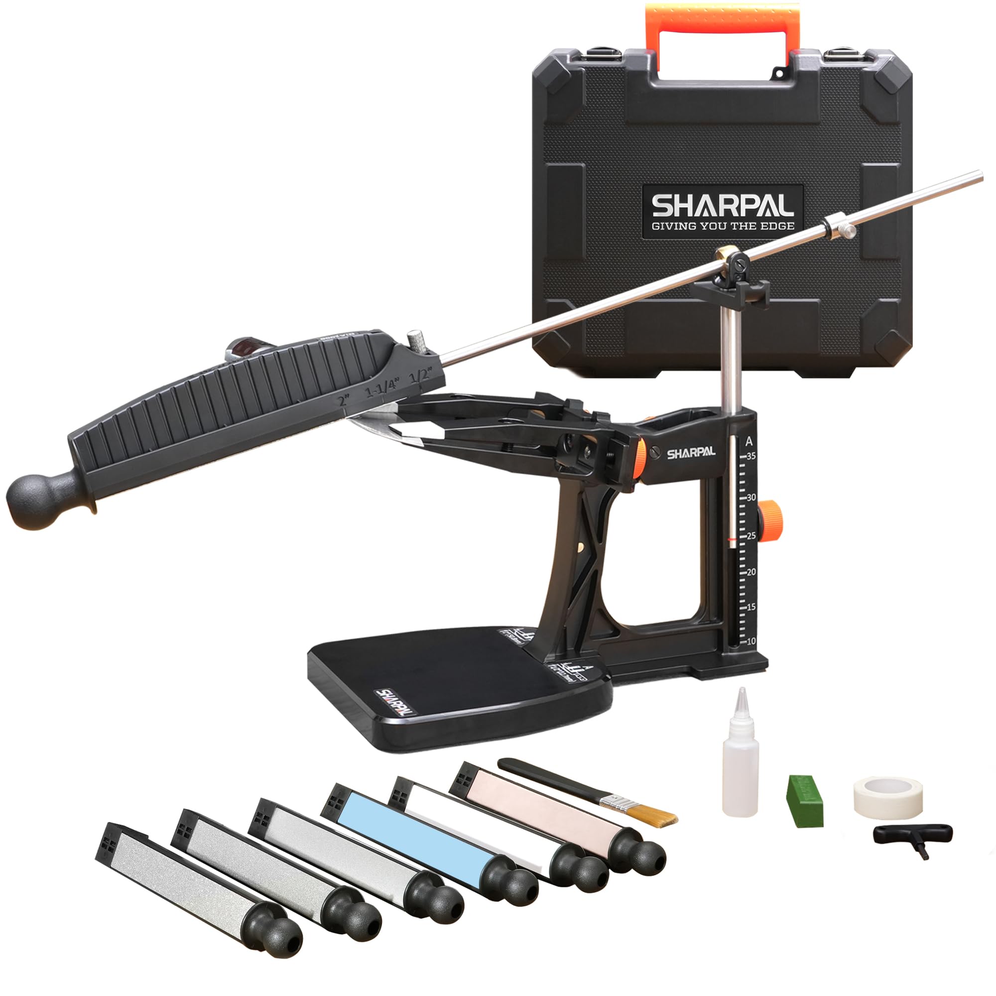 SHARPAL 202H Sistema de afilado de precisión, ángulo ajustable 10-35° | Kit de afilado, 7 placas abrasivas: diamante 220/325/600/1000, piedra 3000/6000, asentador de cuero, estuche para regalo