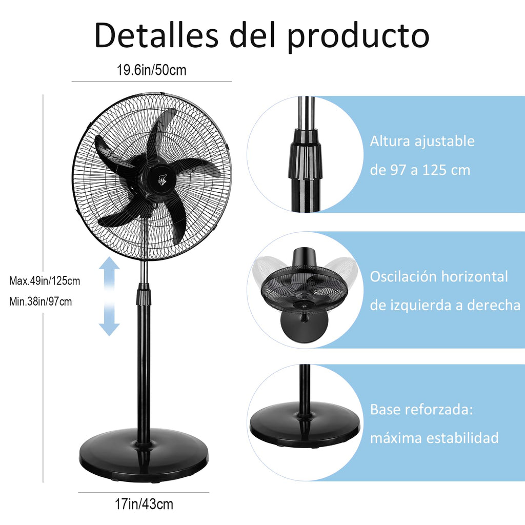 Ventilador de Pie Potente 75W, Aspas de 45 cm (18"), 3 Velocidades Ajustables, Silencioso, Oscilante, Altura Regulable, Base Reforzada, Adecuado para Hogar, Oficina y Almacén, Negro