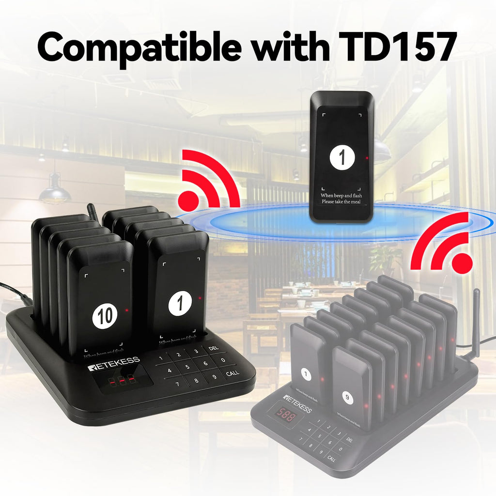 Retekess TD157 Sistema de Llamadas Restaurante, Avisadores Hosteleria, 500M, Fácil De Usar, Estabilidad de La Señal, Batería 300 mAh 20H, para Hotele, Pub, Hospitale (16 Buscapersonas)