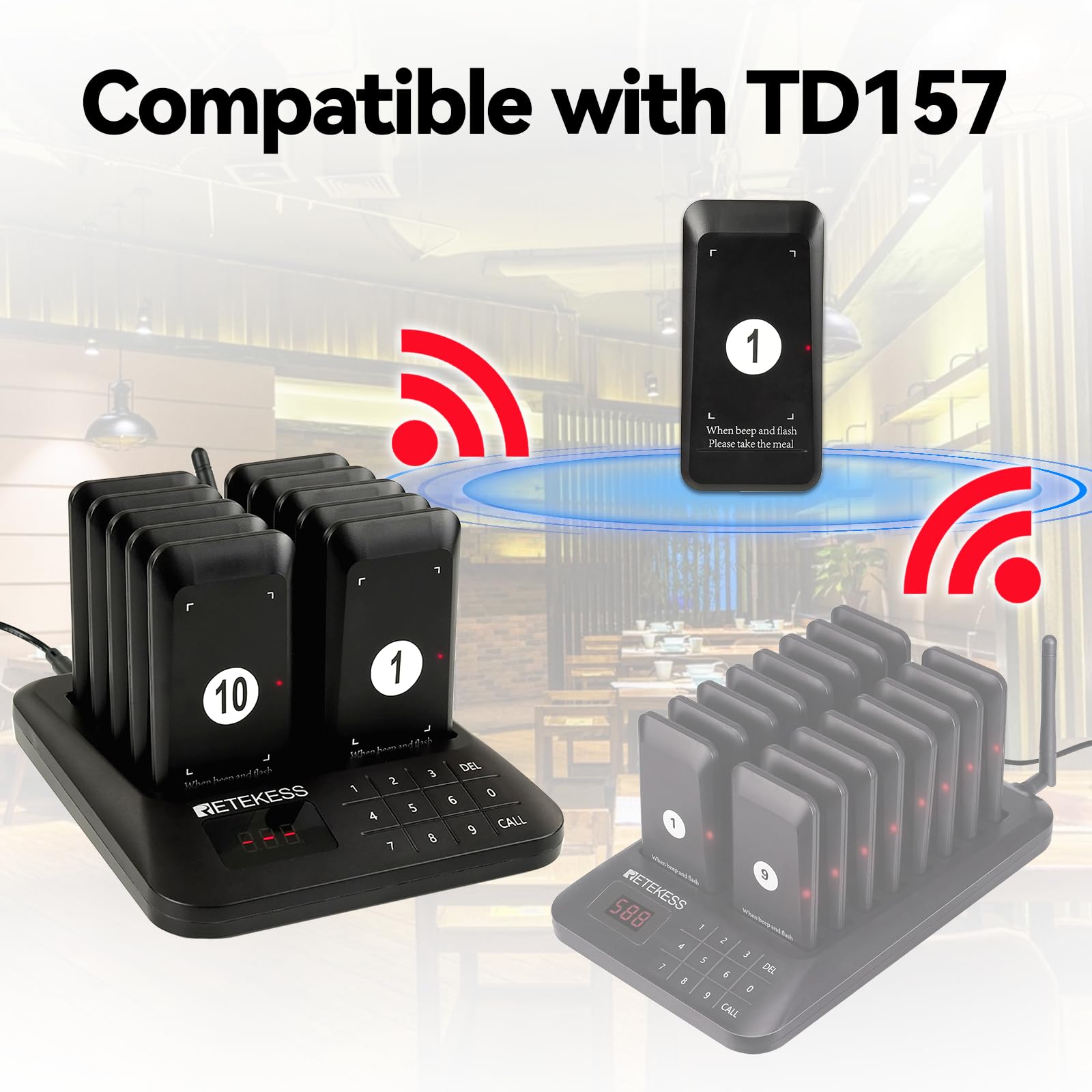 Retekess TD157 Sistema de Llamadas Restaurante, Avisadores Hosteleria, 500M, Fácil De Usar, Estabilidad de La Señal, Batería 300 mAh 20H, para Hotele, Pub, Hospitale (16 Buscapersonas)