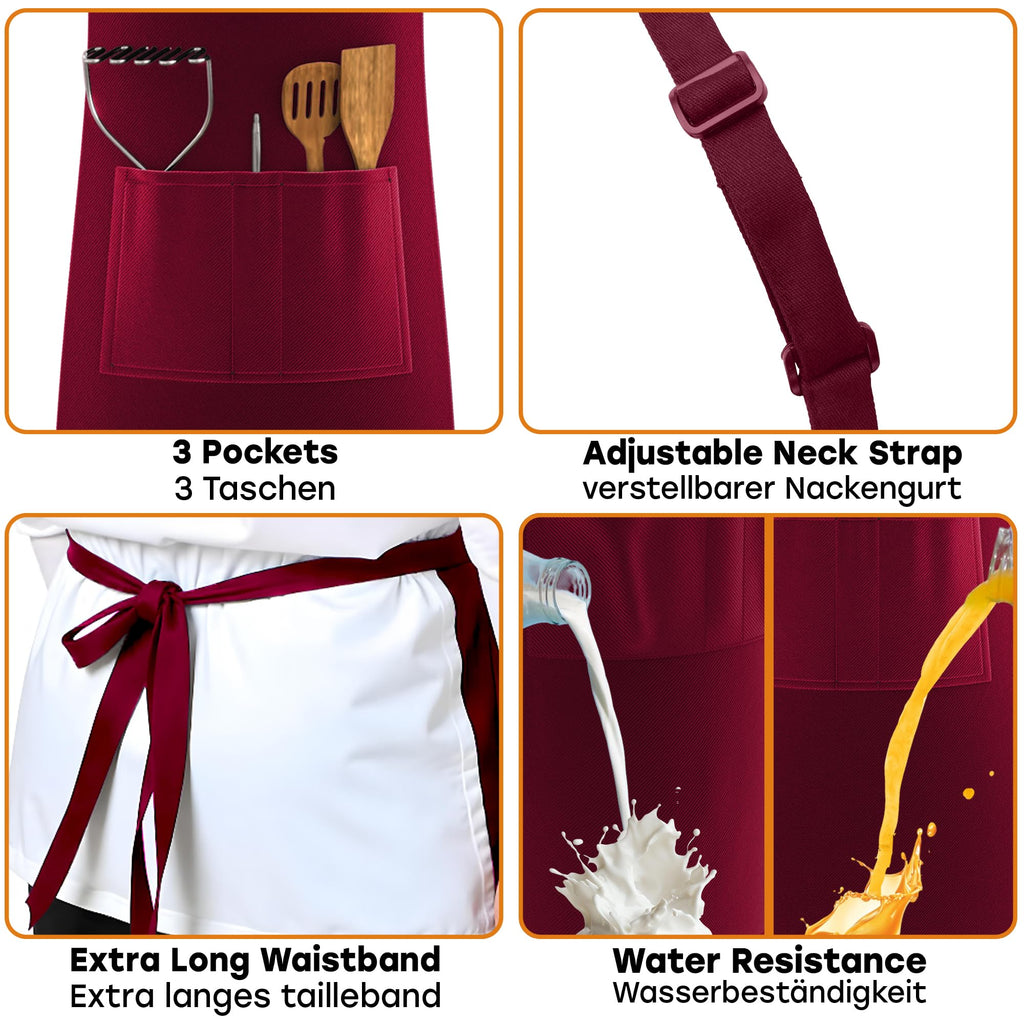 LEFUNDA® Delantal de Cocina Impermeable con 3 Bolsillos Ajustable, Delantal de Barbacoa con Correas Largas, Delantal de Cocina para Hombres y Mujeres, Cocinar, Restaurante, Café, Hornear (Negro)