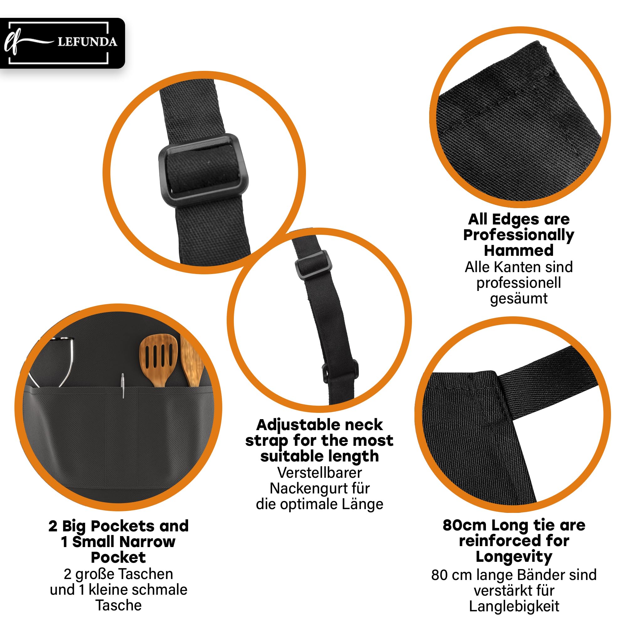 LEFUNDA® Delantal de Cocina Impermeable con 3 Bolsillos Ajustable, Delantal de Barbacoa con Correas Largas, Delantal de Cocina para Hombres y Mujeres, Cocinar, Restaurante, Café, Hornear (Negro)