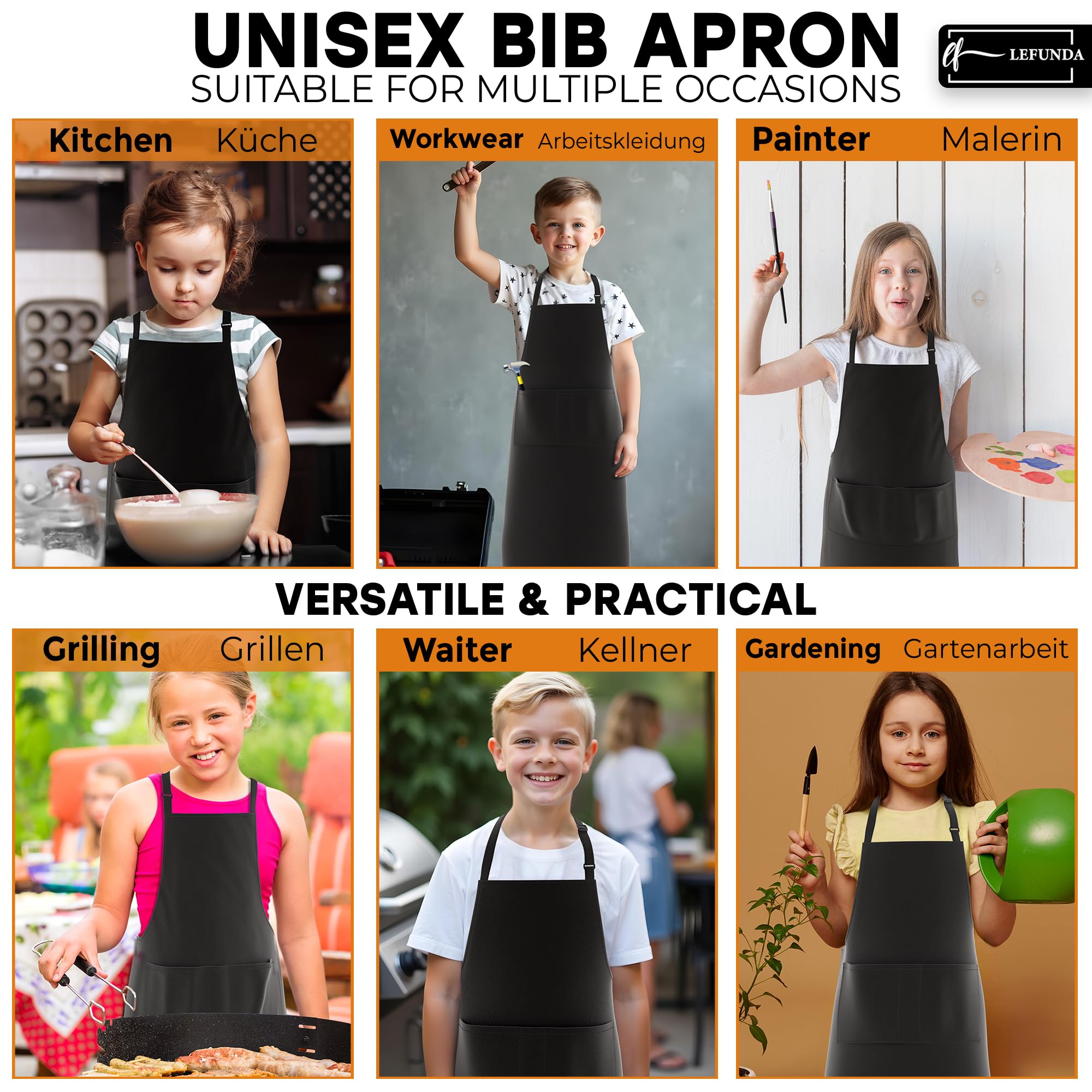 LEFUNDA® Delantal de Cocina Impermeable con 3 Bolsillos Ajustable, Delantal de Barbacoa con Correas Largas, Delantal de Cocina para Hombres y Mujeres, Cocinar, Restaurante, Café, Hornear (Negro)