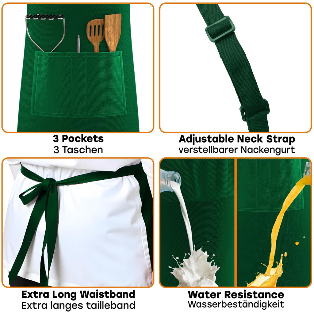 LEFUNDA® Delantal de Cocina Impermeable con 3 Bolsillos Ajustable, Delantal de Barbacoa con Correas Largas, Delantal de Cocina para Hombres y Mujeres, Cocinar, Restaurante, Café, Hornear (Negro)