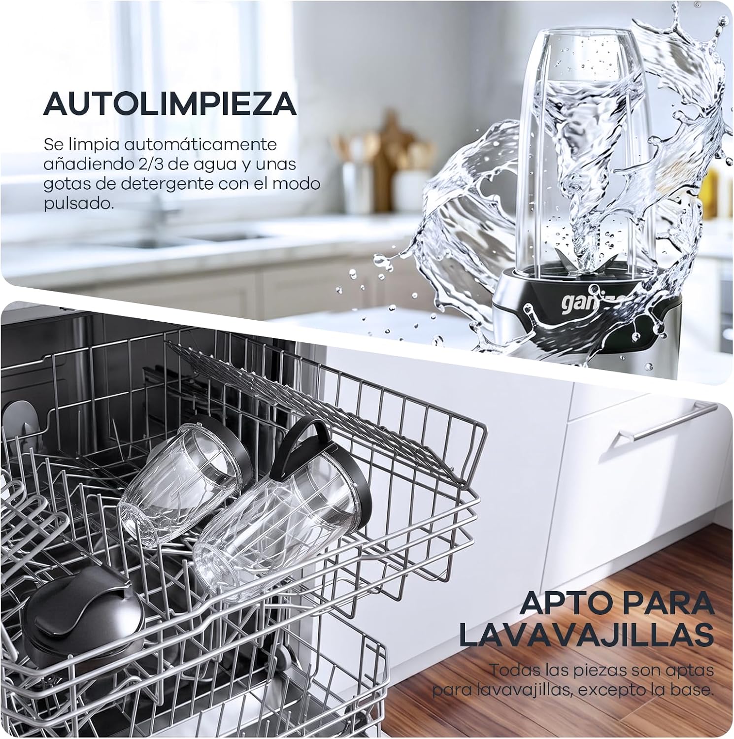 Ganiza Batidora de Vaso, 1300 W con 3 vasos mezcladores portátiles (2 de 1100 ml y 1 de 660 ml), 6 cuchillas de acero inoxidable, libre de BPA, batidora eléctrica para batidos y trituración de hielo
