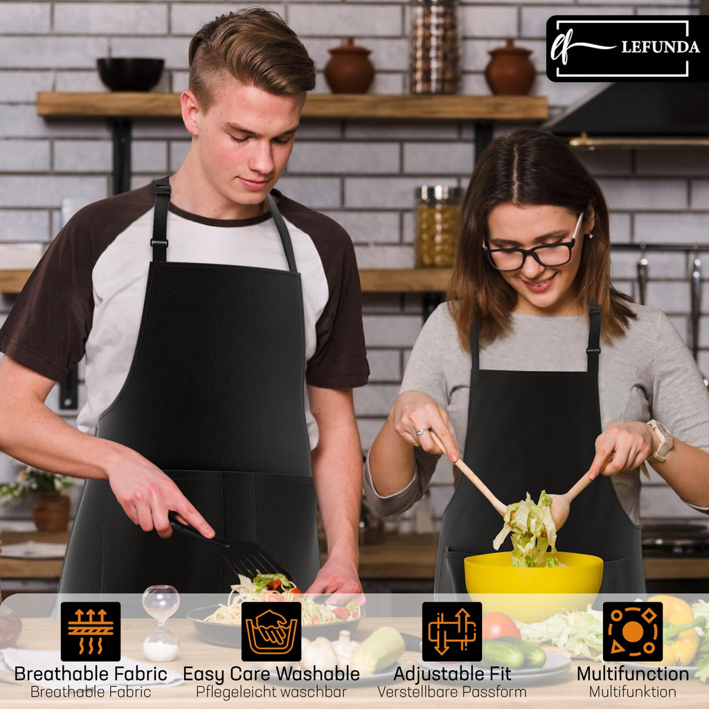 LEFUNDA® Delantal de Cocina Impermeable con 3 Bolsillos Ajustable, Delantal de Barbacoa con Correas Largas, Delantal de Cocina para Hombres y Mujeres, Cocinar, Restaurante, Café, Hornear (Negro)