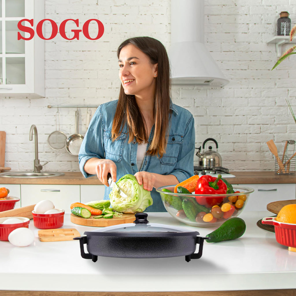 SOGO Sartén Paellera eléctrica con Tapa de Cristal Reforzado y Recubrimiento antiadherente | Ø interior 30 cm | profundidad 5 cm | termostato ajustable hasta 240º C | 1500W | SIN PFOA