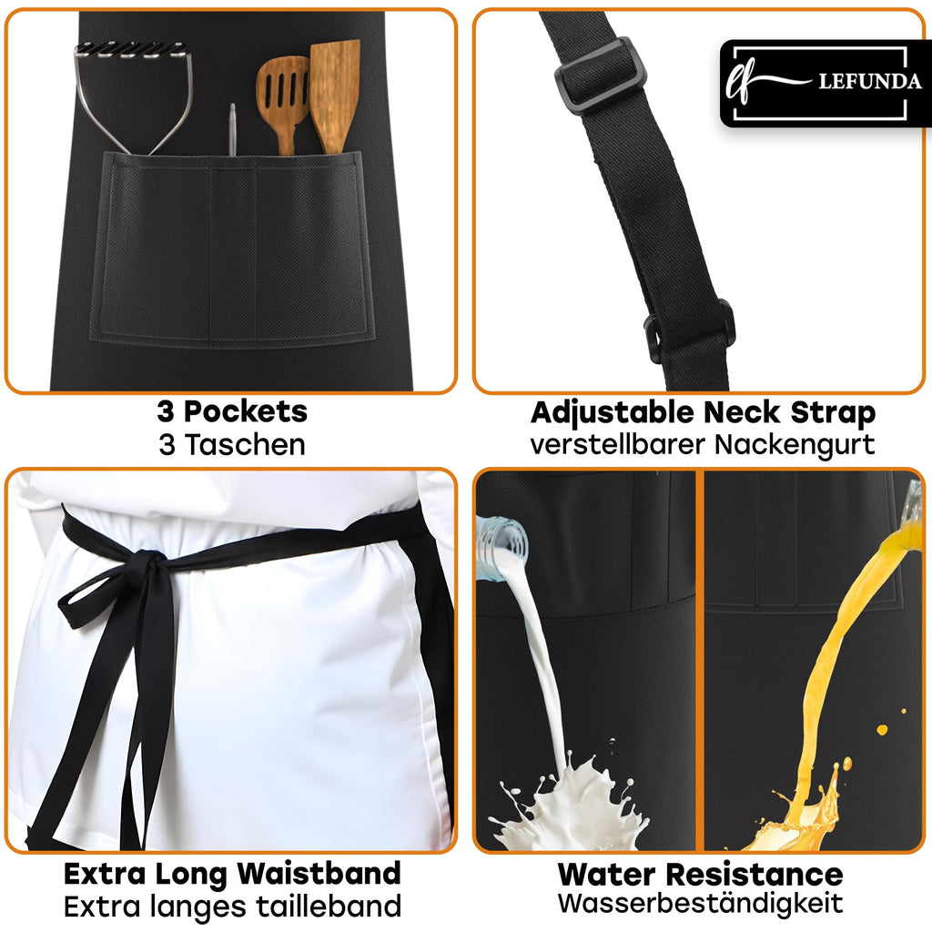 LEFUNDA® Delantal de Cocina Impermeable con 3 Bolsillos Ajustable, Delantal de Barbacoa con Correas Largas, Delantal de Cocina para Hombres y Mujeres, Cocinar, Restaurante, Café, Hornear (Negro)