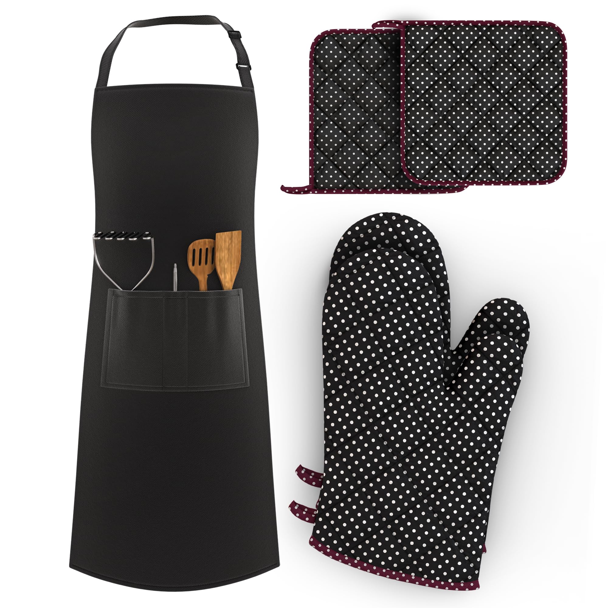 LEFUNDA® Delantal de Cocina Impermeable con 3 Bolsillos Ajustable, Delantal de Barbacoa con Correas Largas, Delantal de Cocina para Hombres y Mujeres, Cocinar, Restaurante, Café, Hornear (Negro)