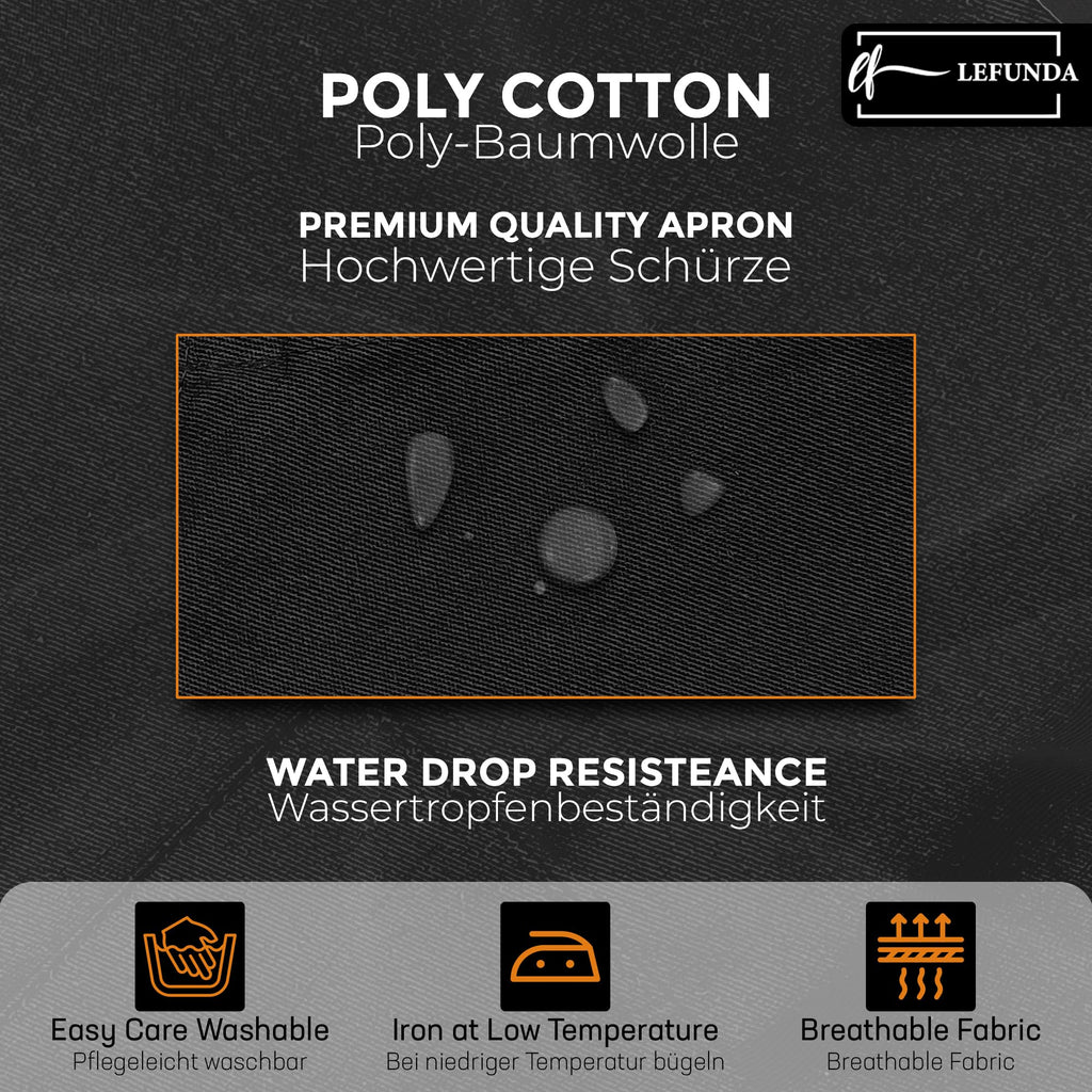 LEFUNDA® Delantal de Cocina Impermeable con 3 Bolsillos Ajustable, Delantal de Barbacoa con Correas Largas, Delantal de Cocina para Hombres y Mujeres, Cocinar, Restaurante, Café, Hornear (Negro)