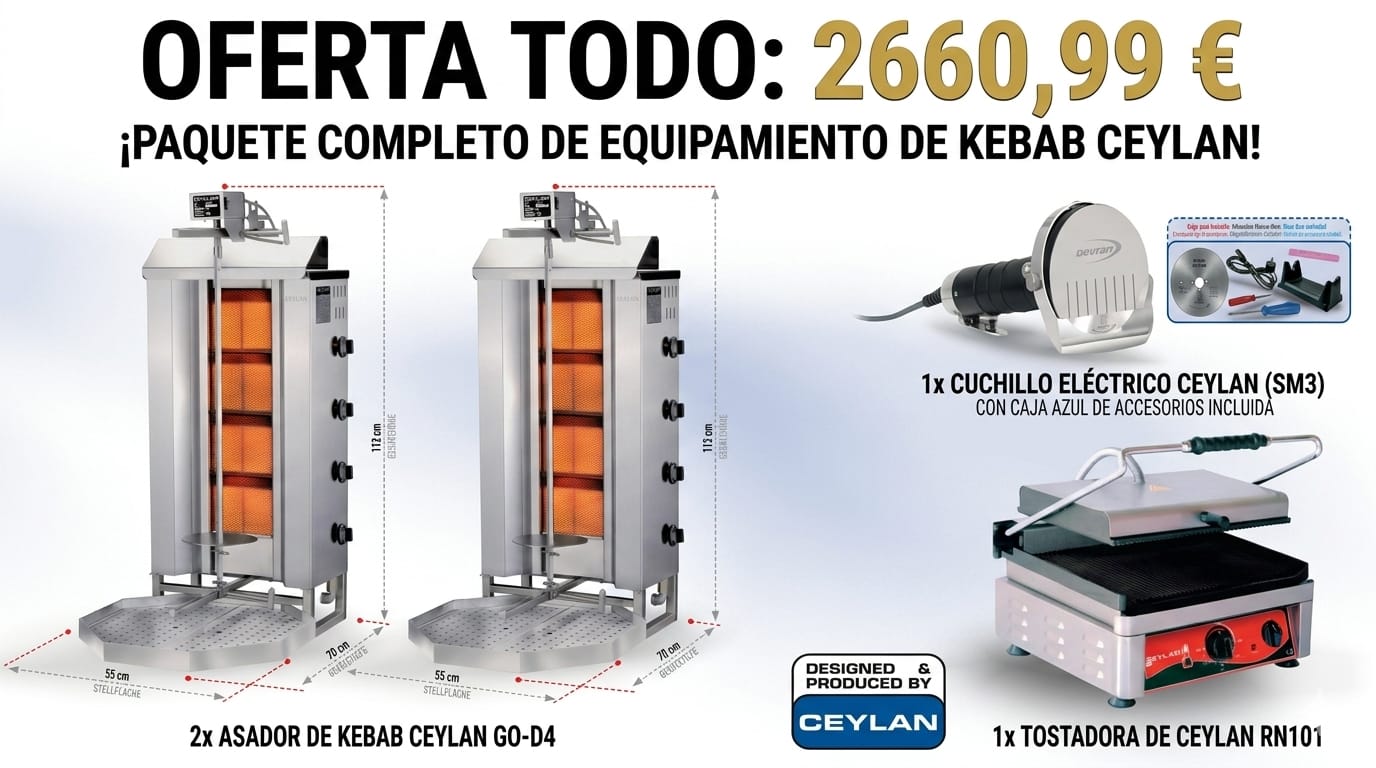 Parrilla de kebab CEYLAN GO-D4 – propano 30 mbar Artículo n.° 0100-1430 + Cuchillo eléctrico para kebab CEYLAN Devran NG5 Ø 80 mm Artículo n.° 0100-0900 + Parrilla de contacto RN-101A | acanalada por arriba y por abajo  Artículo n.° 0009-0001