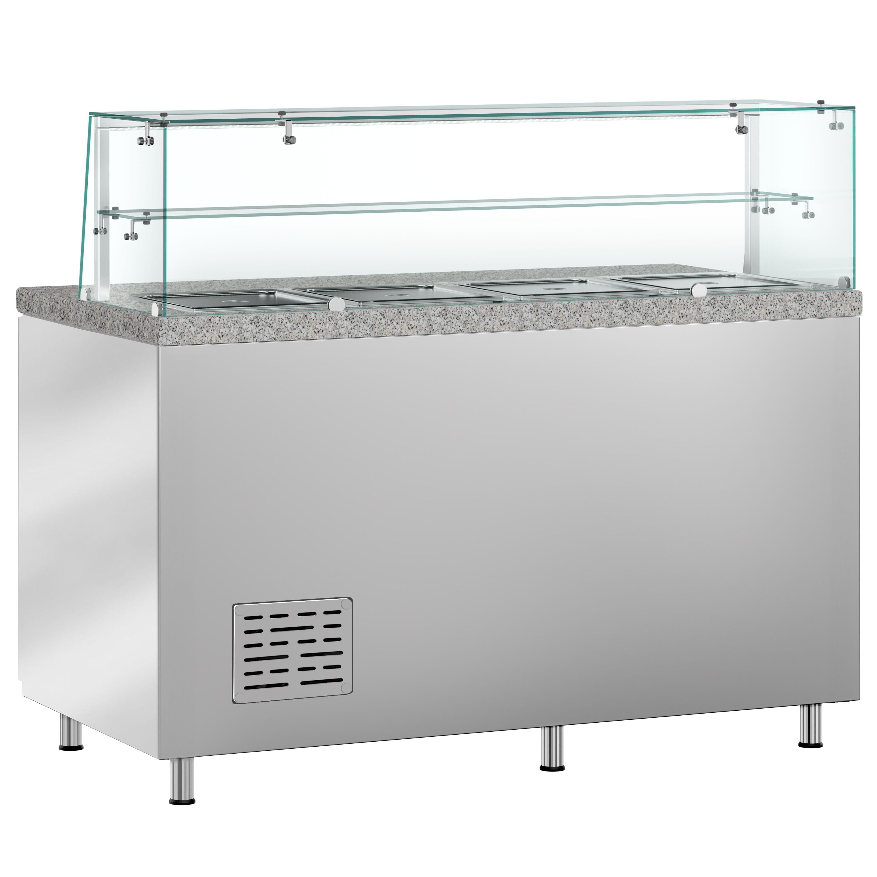 Mesa saladette refrigerada PREMIUM - 1515mm - 390L - 2 puertas macizas - con vitrina de cristal para 4x GN 1/1 & 1 estante - encimera de granito negro OMF STS1500NOD#GSSTS1500O