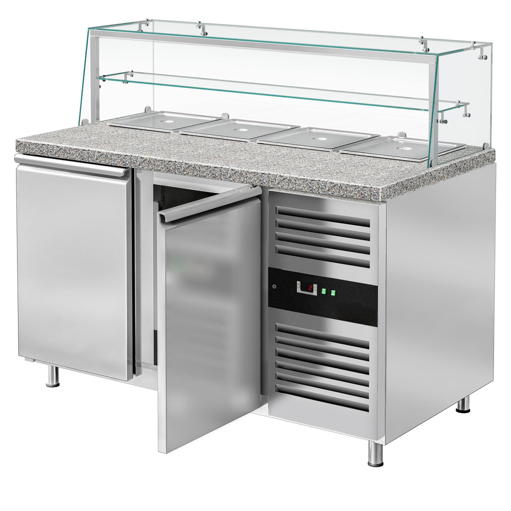 Mesa saladette refrigerada PREMIUM - 1515mm - 390L - 2 puertas macizas - con vitrina de cristal para 4x GN 1/1 & 1 estante - encimera de granito negro OMF STS1500NOD#GSSTS1500O